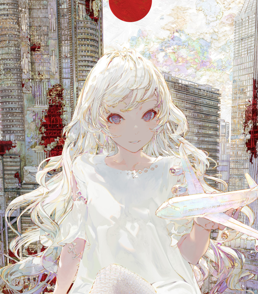 1girl aircraft airplane blood blood_splatter blue_eyes blush building clouds cloudy_sky cropped giantess highres light_blush long_hair original outdoors painterly parted_lips sky smile solo splatter taiki_(luster) white_hair white_legwear white_theme