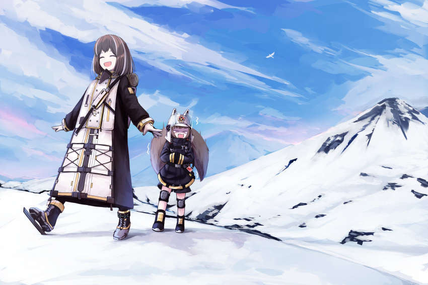 2girls absurdres animal_ears_helmet arknights beak_mask black_coat black_footwear brown_hair closed_mouth clouds cloudy_sky coat cold fire_helmet fire_jacket firefighter gloves highres knee_pads large_tail magallan_(arknights) mountain multicolored_hair multiple_girls open_mouth outstretched_arms shaw_(arknights) short_hair shorts sky snow squirrel_girl squirrel_tail suzuno_i tail tears white_gloves white_hair winter_clothes winter_coat
