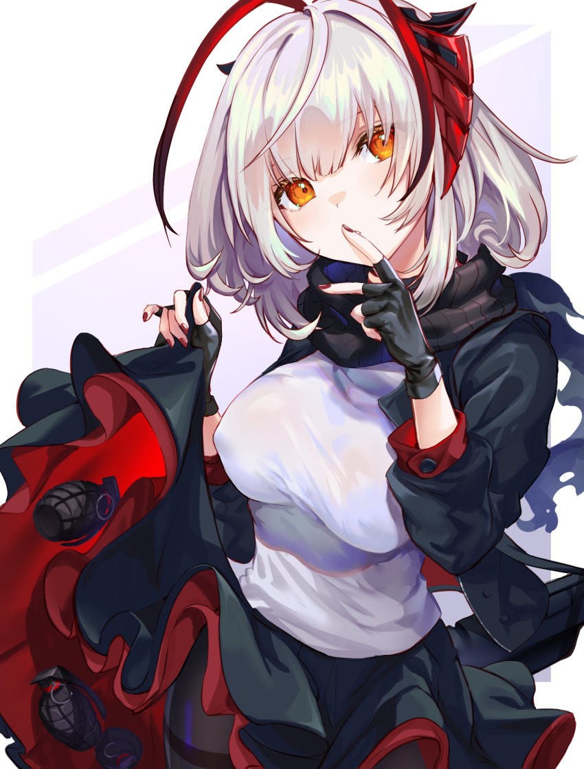 1girl arknights bangs black_gloves black_jacket black_skirt breasts covering_mouth explosive fingerless_gloves gloves grenade grey_shirt hand_up highres horns jacket looking_at_viewer miniskirt open_clothes open_jacket red_eyes scarf shirt short_hair silver_hair skirt skirt_lift solo spica_1510 w_(arknights)