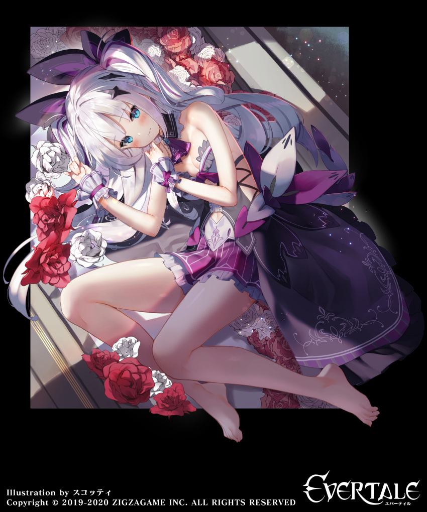 1girl absurdres aria_(evertale) artist_name barefoot blue_eyes copyright_name evertale fetal_position flower highres looking_up lying official_art on_side red_flower red_rose rose solo sukocchi two_side_up white_flower white_hair white_rose