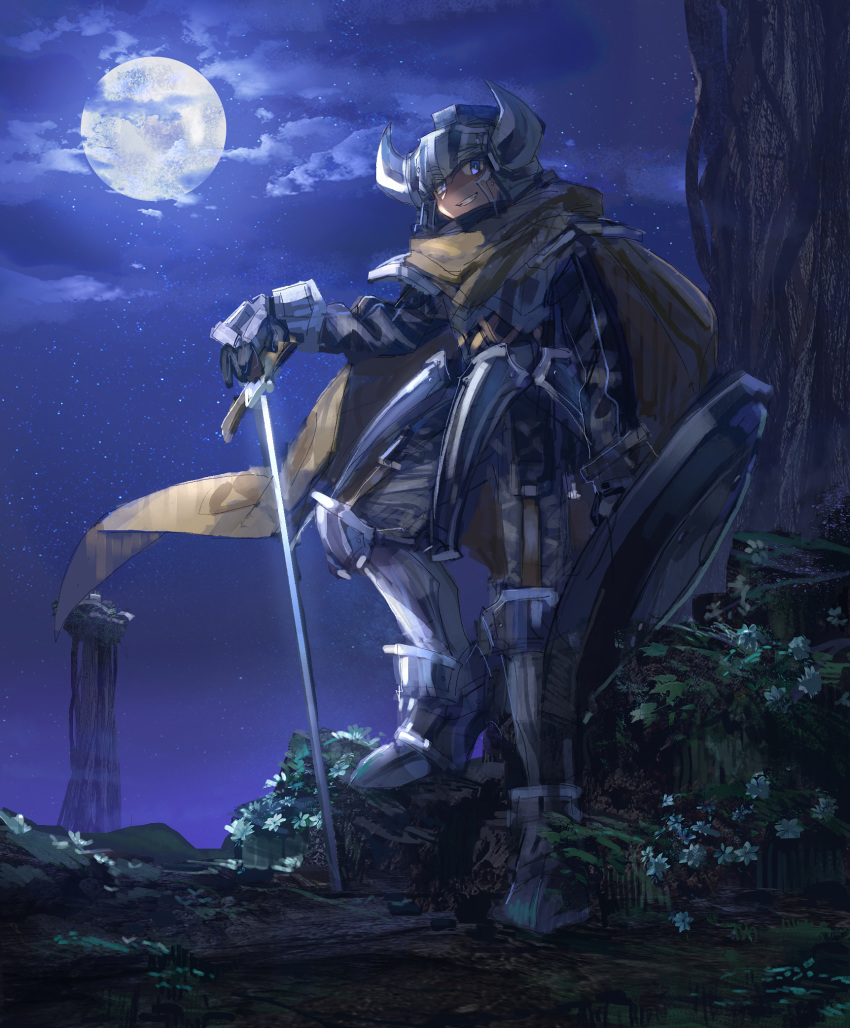 1girl armor armored_boots boots breastplate cape clouds eyes_visible_through_headwear faulds flower full_body full_moon gauntlets greaves grin hand_on_hilt helmet highres holding holding_shield horned_helmet looking_at_viewer moon moonlight night original outdoors pauldrons planted_sword planted_weapon shichigatsu shield shoulder_armor sky smile solo standing star_(sky) starry_sky sword violet_eyes weapon yellow_cape