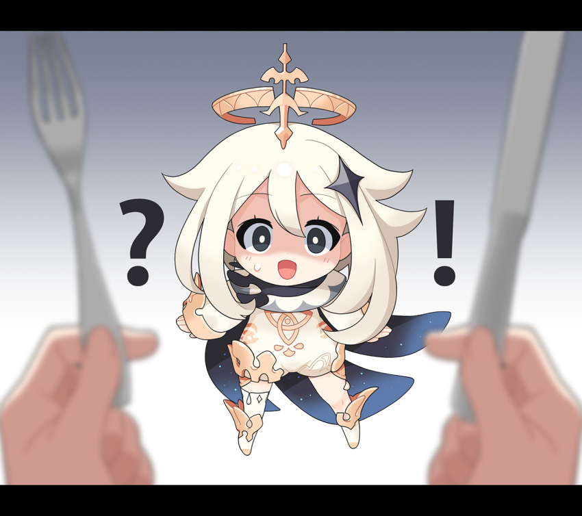! 1girl :d ? arms_at_sides bangs black_eyes blonde_hair blurry boots cape chibi commentary_request depth_of_field dress fork genshin_impact gradient gradient_background grey_background hair_flaps hair_ornament halo holding holding_fork holding_knife knife legs_apart letterboxed long_sleeves looking_at_viewer open_mouth out_of_frame paimon_(genshin_impact) pov pov_hands ran_system scarf short_jumpsuit single_thighhigh smile solo_focus sweatdrop thigh-highs white_background white_dress white_hair white_legwear