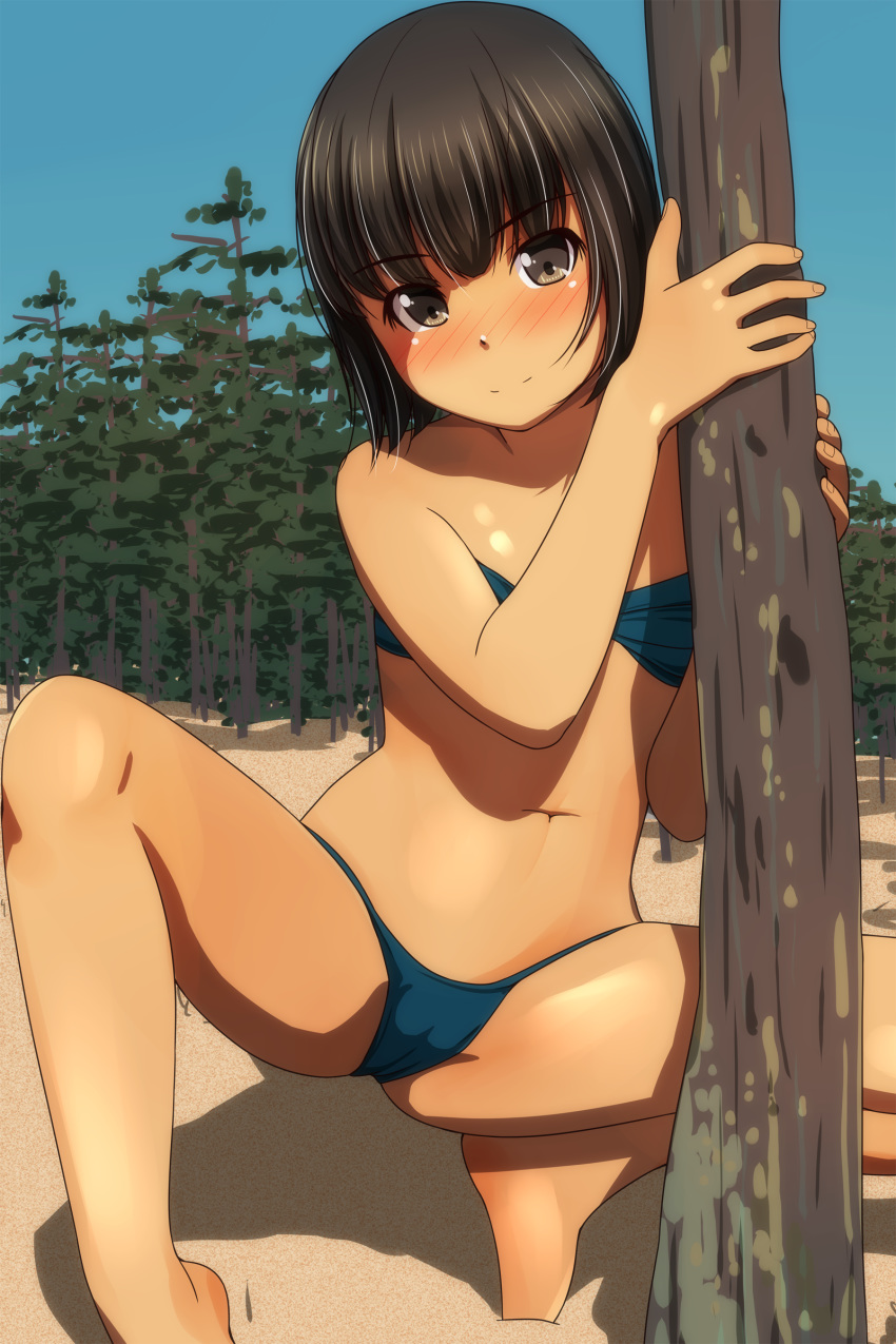 1girl absurdres bangs bare_arms bare_legs bare_shoulders barefoot beach bikini black_hair blue_bikini blush brown_eyes closed_mouth day eyebrows_visible_through_hair hands_up highres looking_at_viewer matsunaga_kouyou navel nose_blush outdoors sand smile solo squatting swimsuit tiptoes tree
