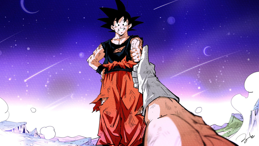 2boys black_eyes black_hair blue_sky blurry clenched_hand clenched_teeth commentary_request crescent_moon depth_of_field dirty dirty_clothes dirty_face dragon_ball dragon_ball_z dust gloves grass grin hand_on_hip hand_up highres hill horizon looking_at_viewer looking_down male_focus moon multiple_boys muscle outdoors pants pectorals pov pov_hands purple_sky rock ruto830 shirt shooting_star signature sky smile son_gokuu spiky_hair standing teeth thumbs_up torn_clothes torn_pants torn_shirt vegeta white_gloves