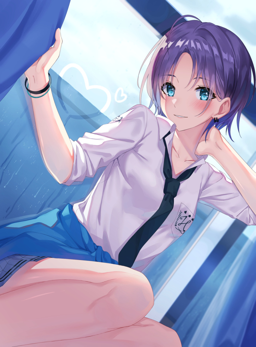 1girl arm_up asakura_tooru bangs black_neckwear blue_eyes blush breast_pocket clothes_around_waist collarbone collared_shirt curtains dutch_angle earrings eyebrows_visible_through_hair feet_out_of_frame grey_skirt hachinatsu hand_on_own_neck head_tilt highres idolmaster idolmaster_shiny_colors indoors jewelry looking_at_viewer miniskirt necktie parted_bangs parted_lips pocket purple_hair school_uniform shirt short_hair short_sleeves skirt smile solo squatting star_(symbol) white_shirt wings wristband