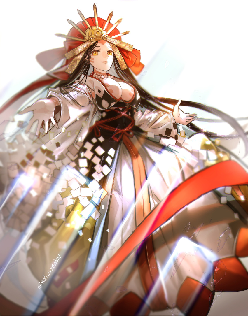 1girl body_markings breasts brown_eyes brown_hair dress fate/grand_order fate_(series) headpiece highres himiko_(fate) large_breasts long_dress long_hair mituki_paburo outstretched_arms smile