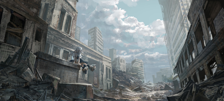 1girl absurdres ankle_boots ari_(shichigatsu) arm_support black_legwear boots brown_footwear building city clouds cloudy_sky day from_behind highres kneehighs long_hair original outdoors outstretched_legs ruins scenery shichigatsu silver_hair sitting sky skyscraper solo twintails urban