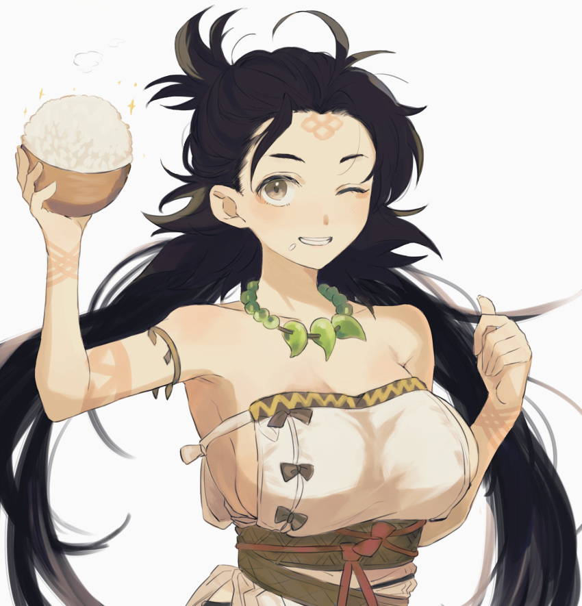 1girl artist_request bare_shoulders blush body_markings bowl breasts brown_eyes brown_hair dress facial_mark fate/grand_order fate_(series) food food_on_face forehead forehead_mark grin highres himiko_(fate) large_breasts long_hair looking_at_viewer magatama magatama_necklace no_bra one_eye_closed rice rice_bowl sash sideboob simple_background smile topknot twintails white_background white_dress