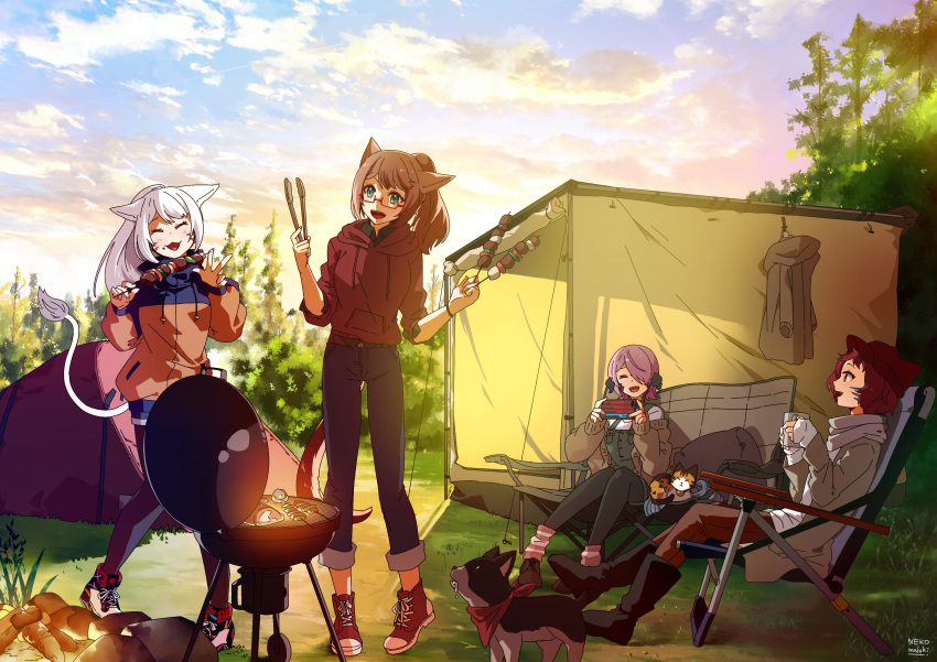 4girls absurdres animal_ears au_ra bangs barbecue brown_hair campfire camping cardigan cat cat_ears cat_tail chair closed_eyes contemporary cooking cup day dog dragon_horns facial_mark final_fantasy final_fantasy_xiv folding_chair food forest glasses green_eyes grilling hair_over_one_eye hat highres holding holding_cup hood hood_down hoodie horns jacket kebab legwear_under_shorts lili_mdoki long_hair looking_at_another miqo'te multiple_girls nature open_clothes open_jacket outdoors pantyhose pink_hair ponytail red-framed_eyewear redhead scales scarf semi-rimless_eyewear short_hair shorts sitting standing tail tent tongs tree v whisker_markings white_hair