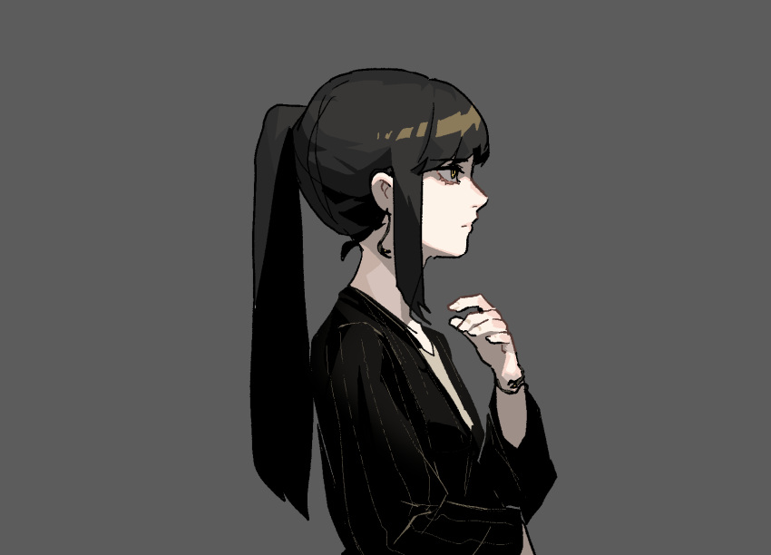 1girl black_blouse black_hair blouse bracelet breasts closed_mouth earrings from_side gogalking grey_background hand_up highres jewelry long_hair original ponytail profile simple_background small_breasts solo yellow_eyes