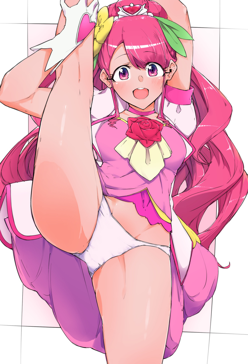 1girl absurdres artist_request cure_grace eyebrows_visible_through_hair flexible gloves hanadera_nodoka healin'_good_precure highres kneepits leg_lift leg_up long_hair magical_girl no_pants open_mouth panties pink_eyes pink_hair ponytail precure puffy_short_sleeves puffy_sleeves short_sleeves smile solo split standing standing_on_one_leg standing_split underwear white_gloves white_panties