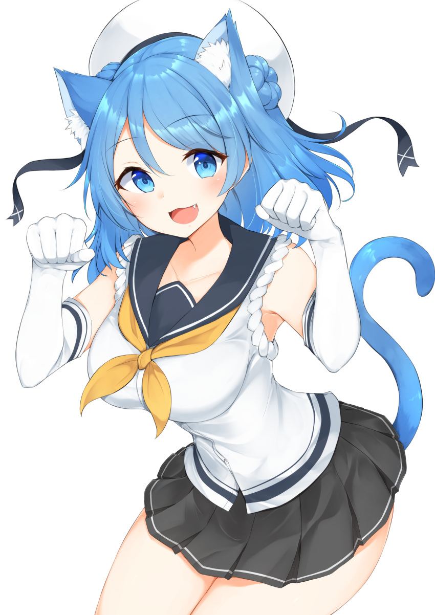 1girl animal_ears black_skirt blue_eyes blue_hair blush breasts cat_ears cat_girl cat_tail collarbone cowboy_shot double_bun elbow_gloves extra_ears eyebrows_visible_through_hair fang gloves hair_between_eyes hat highres kantai_collection kemonomimi_mode large_breasts looking_at_viewer medium_hair neckerchief open_mouth paw_pose pleated_skirt sailor_hat sakikumo_(sakumo) school_uniform serafuku shirt simple_background skirt sleeves_rolled_up solo tail urakaze_(kantai_collection) white_background white_gloves white_headwear white_shirt yellow_neckwear