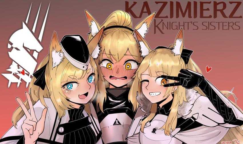 3girls animal_ear_fluff animal_ears arknights armor bangs black_bow black_headwear blemishine_(arknights) blush bow breastplate brown_eyes commentary dated english_commentary eyebrows eyebrows_visible_through_hair fang gauntlets hair_bow hat highres horse_ears long_hair looking_at_viewer multiple_girls nearl_(arknights) open_mouth pauldrons ponytail radish_p short_eyebrows shoulder_armor signature skin_fang smile thick_eyebrows v_over_eye wavy_mouth whislash_(arknights) white_armor yellow_eyes