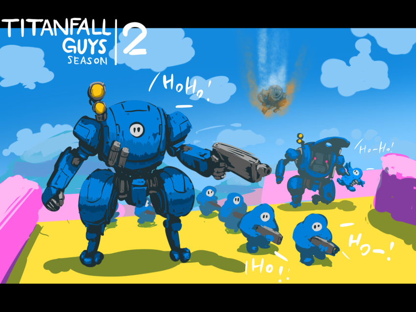 6+others black_eyes bottoms1237 copyright_name crossover fall_guy fall_guys falling gun highres holding holding_gun holding_weapon mecha multiple_others no_humans pun titanfall titanfall_2 walking weapon