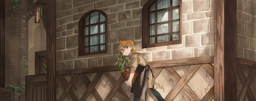 1girl absurdres apron blue_pants brown_apron brown_dress dress from_behind green_eyes highres holding_plant long_hair looking_at_viewer looking_back orange_hair original pants parted_lips plant potted_plant shichigatsu solo