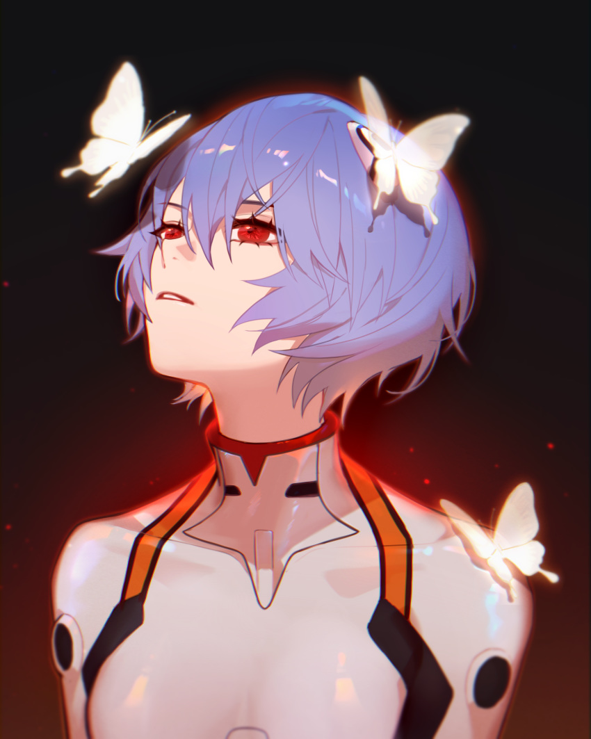 1girl absurdres ayanami_rei bangs bodysuit bug butterfly commentary flying glowing gradient gradient_background hair_between_eyes highres insect jesse_(pixiv34586727) light_purple_hair looking_up neon_genesis_evangelion parted_lips plugsuit red_eyes reflective_eyes short_hair solo upper_body white_bodysuit