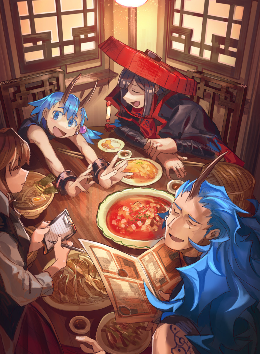 1boy 3girls :d arm_tattoo black_vest blue_eyes blue_hair bracelet brown_hair chair clipboard closed_eyes earrings eating facing_viewer hat highres holding holding_pen horns jewelry kohari_(shichigatsu) long_hair long_sleeves multiple_girls open_mouth original pen plate red_headwear rice_hat shichigatsu shirt sideways_mouth single_horn sitting smile table tamaki_(shichigatsu) tattoo vest waitress white_shirt yahiro_(shichigatsu)