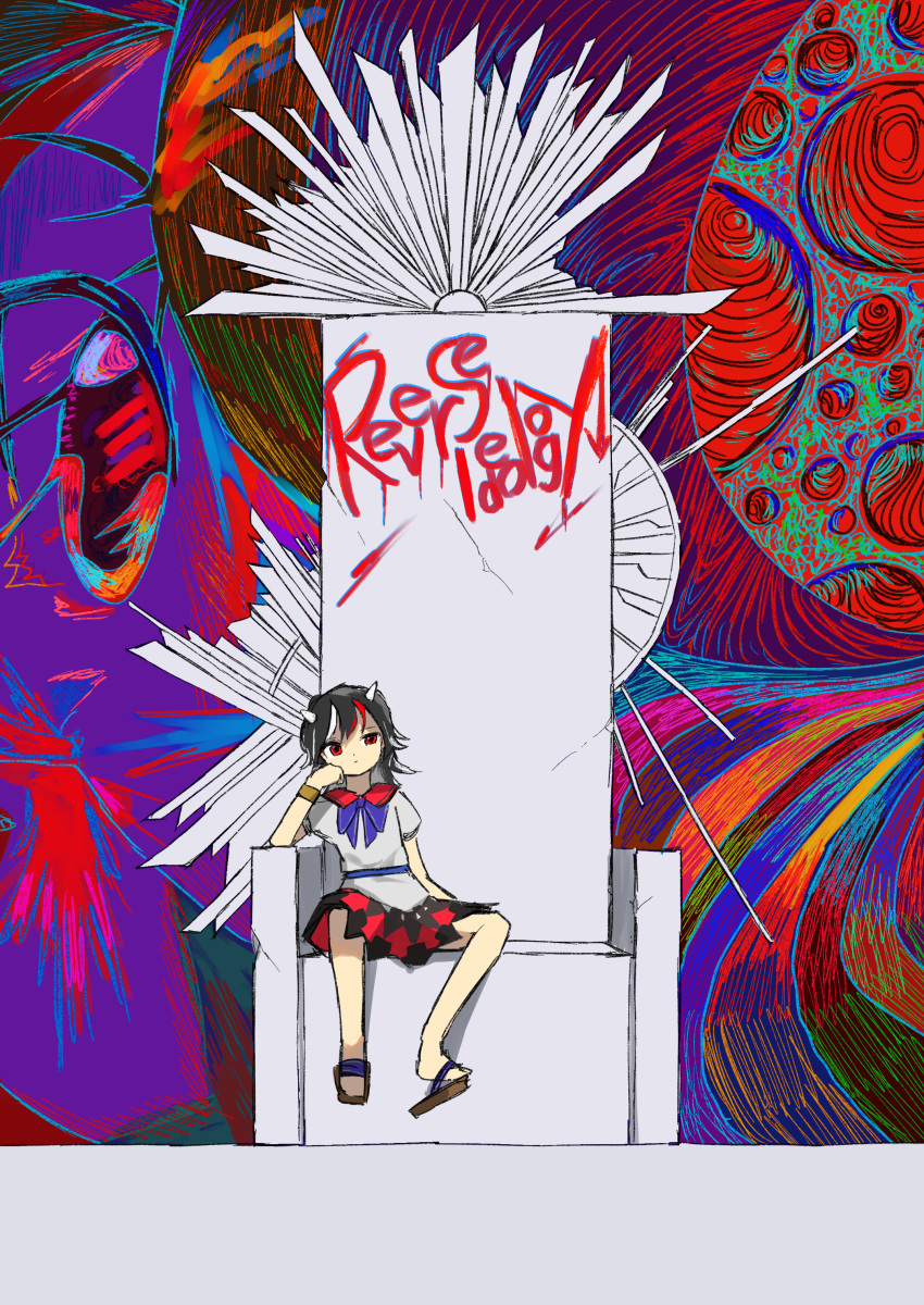 1girl abstract_background absurdres black_hair blue_bow blue_neckwear bow bracelet graffiti head_rest highres horns jewelry kijin_seija long_hair looking_at_viewer multicolored_hair neruzou print_skirt red_eyes redhead sandals shirt short_hair short_sleeves skirt solo streaked_hair throne touhou white_hair white_shirt wide_shot