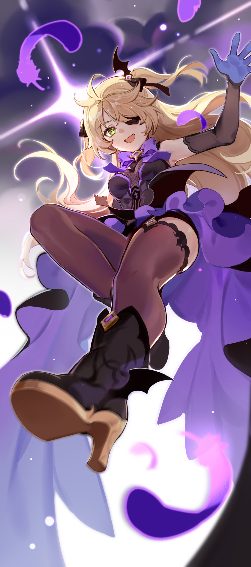 1girl :d absurdres atuoyima backlighting blonde_hair boots breasts dress elbow_gloves eyepatch feathers fischl_(genshin_impact) fishnets foreshortening from_below full_body garter_straps genshin_impact gloves green_eyes hair_ribbon high_heel_boots high_heels highres leg_up long_hair medium_breasts open_mouth ribbon smile solo thigh-highs two_side_up very_long_hair