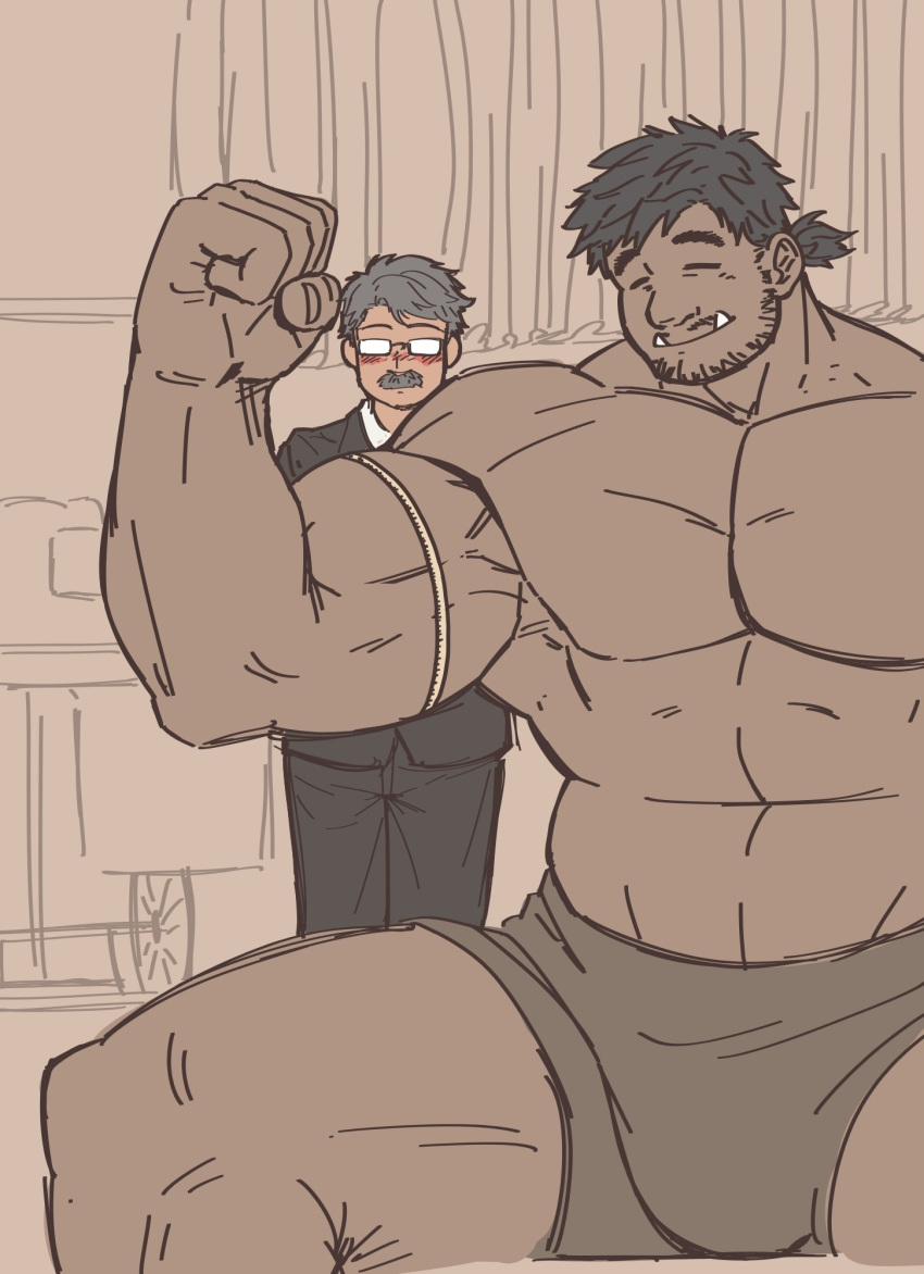 2boys bara bare_chest black_hair blush boxers bulge chest dobito_mn facial_hair fangs feet_out_of_frame flexing formal giant giant_male glasses grey_hair highres male_focus male_underwear manly measuring multiple_boys muscle mustache orc original pose short_hair size_difference stubble suit tape_measure thick_thighs thighs underwear underwear_only