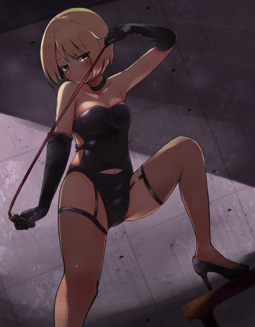 1girl alternate_costume asa_(ces6ces8) bare_shoulders black_choker black_footwear black_gloves blonde_hair breasts choker dominatrix elbow_gloves fishnet_legwear fishnets gloves high_heels highres holding looking_at_viewer lunasa_prismriver medium_breasts navel shoes short_hair solo standing thigh-highs touhou whip yellow_eyes
