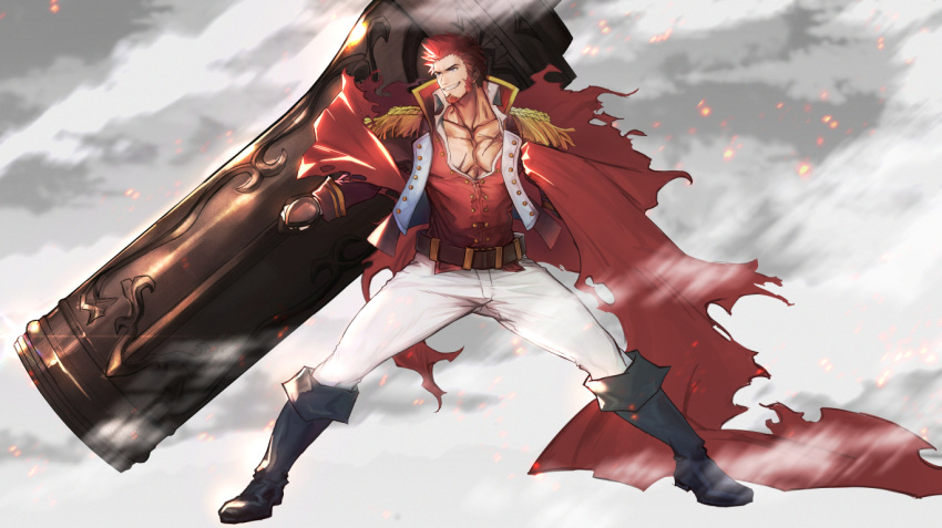 1boy belt blue_eyes boots brown_hair cannon chest chest_scar collar epaulettes facial_hair fate/grand_order fate_(series) fighting_stance fringe_trim full_body goatee high_collar huge_weapon jacket long_sleeves male_focus military military_uniform muscle napoleon_bonaparte_(fate/grand_order) open_clothes open_jacket open_shirt pants pectorals q307011598 scar short_hair sideburns smile solo thick_thighs thighs tight unbuttoned uniform very_short_hair weapon white_pants