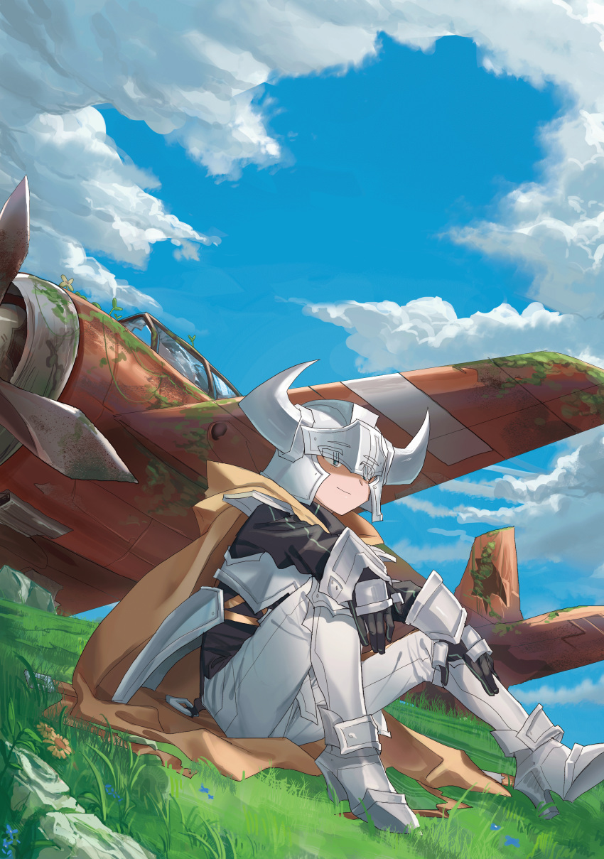 1girl absurdres aircraft airplane armor armored_boots bad_id bad_pixiv_id black_gloves black_shirt blue_eyes blue_sky boots breastplate cape clouds cloudy_sky day eyes_visible_through_headwear faulds flower gauntlets gloves grass grey_pants helmet high_heel_boots high_heels highres horned_helmet looking_afar moss on_ground original outdoors overgrown pants pauldrons rock shichigatsu shirt shoulder_armor sitting sky smile solo wreckage yellow_cape