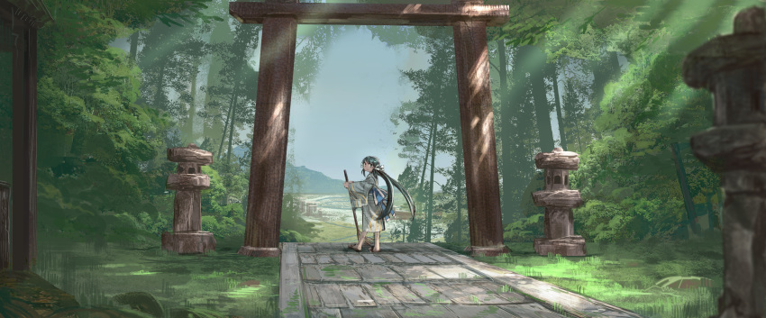 1girl absurdres bad_id bad_pixiv_id blue_sash broom dappled_sunlight day forest from_behind grass green_eyes green_hair green_kimono highres holding holding_broom japanese_clothes kimono light_rays looking_at_viewer looking_back nature obi original outdoors path sandals sash scenery shichigatsu smile solo standing stone_lantern stone_torii stone_walkway sunbeam sunlight torii tree tree_shade twintails yayoi_(shichigatsu)