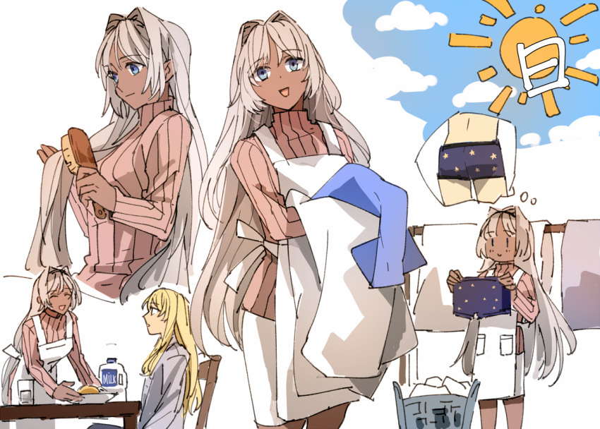 1boy 1girl alternate_costume alternate_hairstyle apron blonde_hair blue_eyes caenis_(fate) chair closed_eyes clothesline dark_skin fate/grand_order fate_(series) grey_hair hair_brushing holding holding_brush kirschtaria_wodime long_hair looking_at_viewer multiple_views pink_sweater ribbed_sweater sitting sweater table tsengyun very_long_hair white_apron