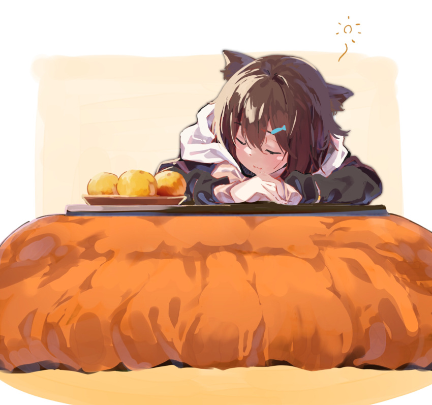 1girl animal_ear_fluff animal_ears bangs brown_background brown_hair brown_jacket cat_ears closed_eyes closed_mouth commentary_request eyebrows_visible_through_hair fish_hair_ornament food fruit fumino_tamaki hair_between_eyes hair_ornament jacket kotatsu light_smile long_sleeves mandarin_orange nijisanji ramu_(taka1995) solo table two-tone_background virtual_youtuber white_background