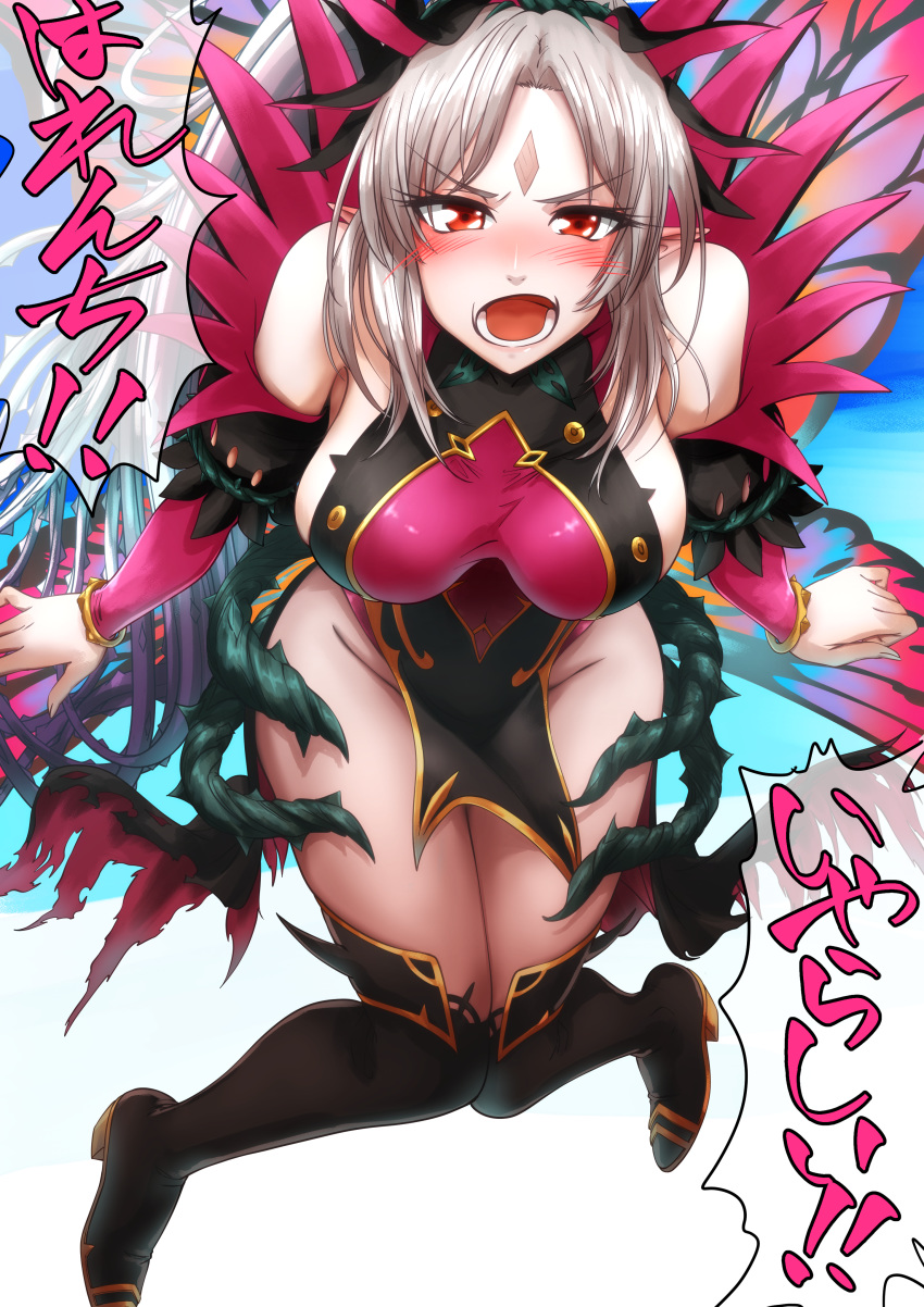 1girl absurdres aduti_momoyama breasts fairy_wings fire_emblem fire_emblem_heroes grey_hair high_heels highres huge_filesize long_hair open_mouth plant plumeria_(fire_emblem) pointy_ears ponytail red_eyes solo vines wings