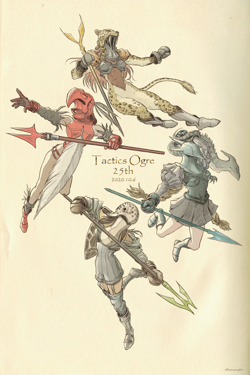 4girls absurdres animal_print anniversary armor armored_boots boots copyright_name dated feathers garter_straps gauntlets helmet highres holding holding_spear holding_staff holding_weapon leopard_print multiple_girls polearm red_armor skirt spear staff tactics_ogre tail twintails weapon windcaller