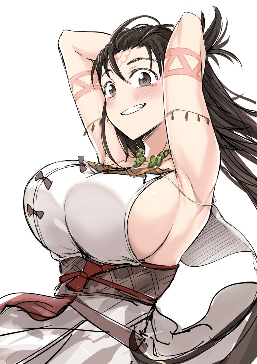 1girl arms_behind_head breasts brown_eyes brown_hair fate/grand_order fate_(series) grin highres himiko_(fate) ijima_yuu large_breasts long_hair magatama_necklace sideboob smile white_background