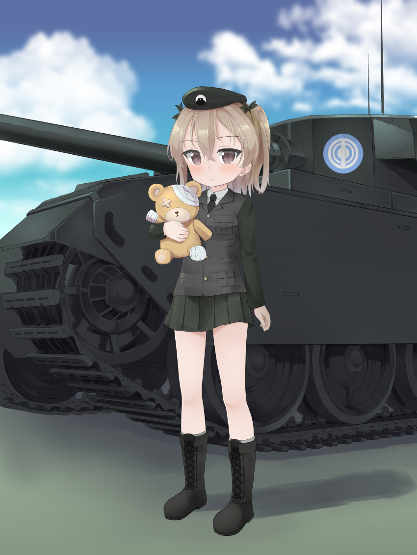 1girl absurdres boko_(girls_und_panzer) breasts caterpillar_tracks centurion_(tank) clouds day emblem english_commentary girls_und_panzer grass ground_vehicle highres light_brown_eyes light_brown_hair military military_vehicle motor_vehicle selection_university_(emblem) selection_university_military_uniform shimada_arisu side_ponytail skirt sky stuffed_animal stuffed_toy tank teddy_bear user_hzst3585