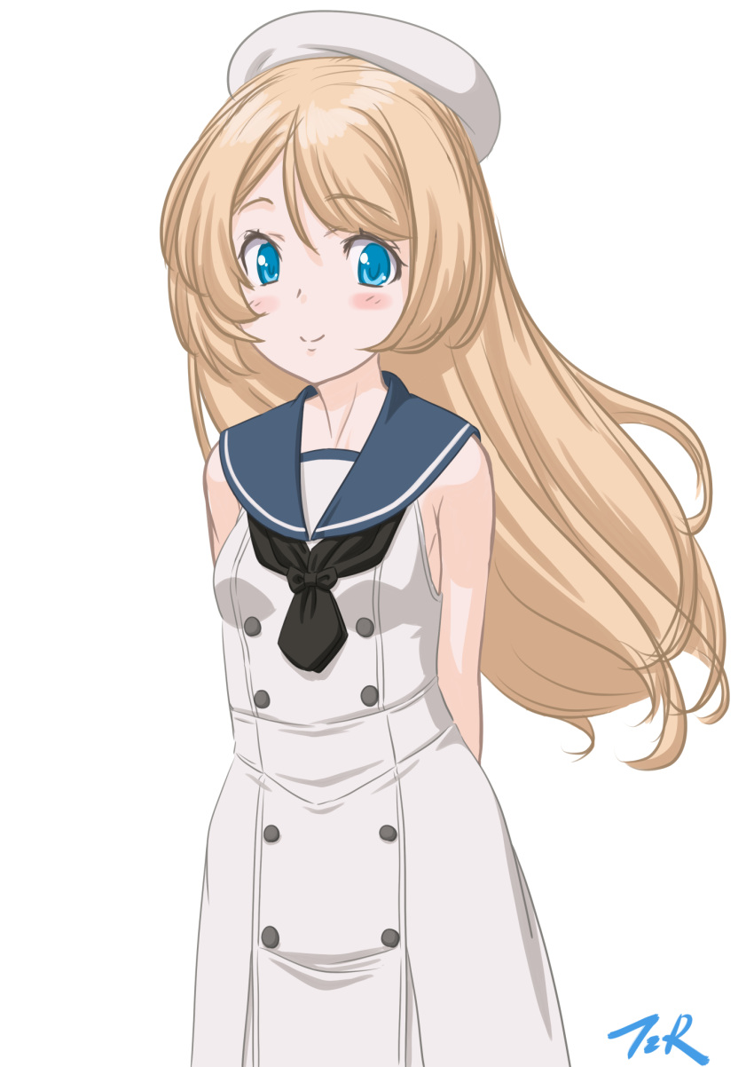1girl arms_behind_back blonde_hair blue_eyes blue_sailor_collar commentary_request cowboy_shot dress hat highres jervis_(kantai_collection) kantai_collection sailor_collar sailor_dress sailor_hat simple_background sleeveless sleeveless_dress smile solo t2r white_background white_dress white_headwear