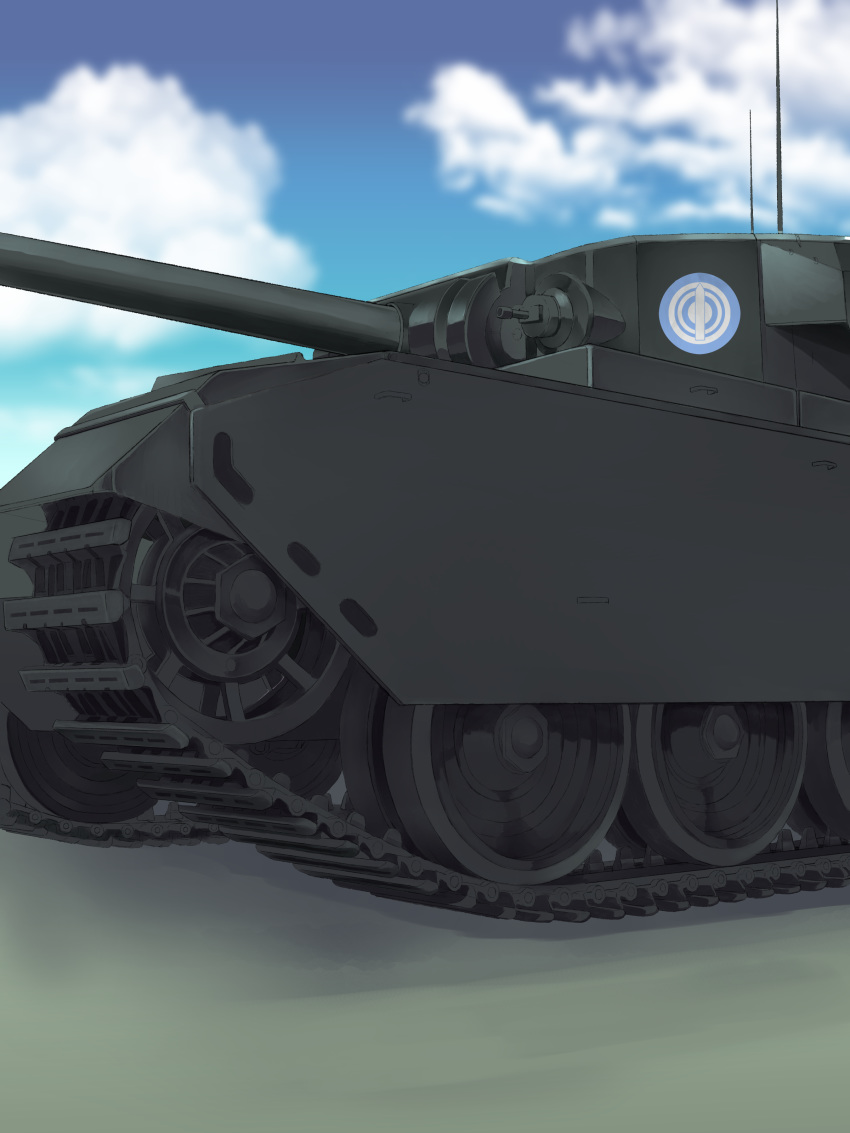 absurdres caterpillar_tracks centurion_(tank) clouds day emblem english_commentary girls_und_panzer grass ground_vehicle highres military military_vehicle motor_vehicle selection_university_(emblem) sky tank user_hzst3585