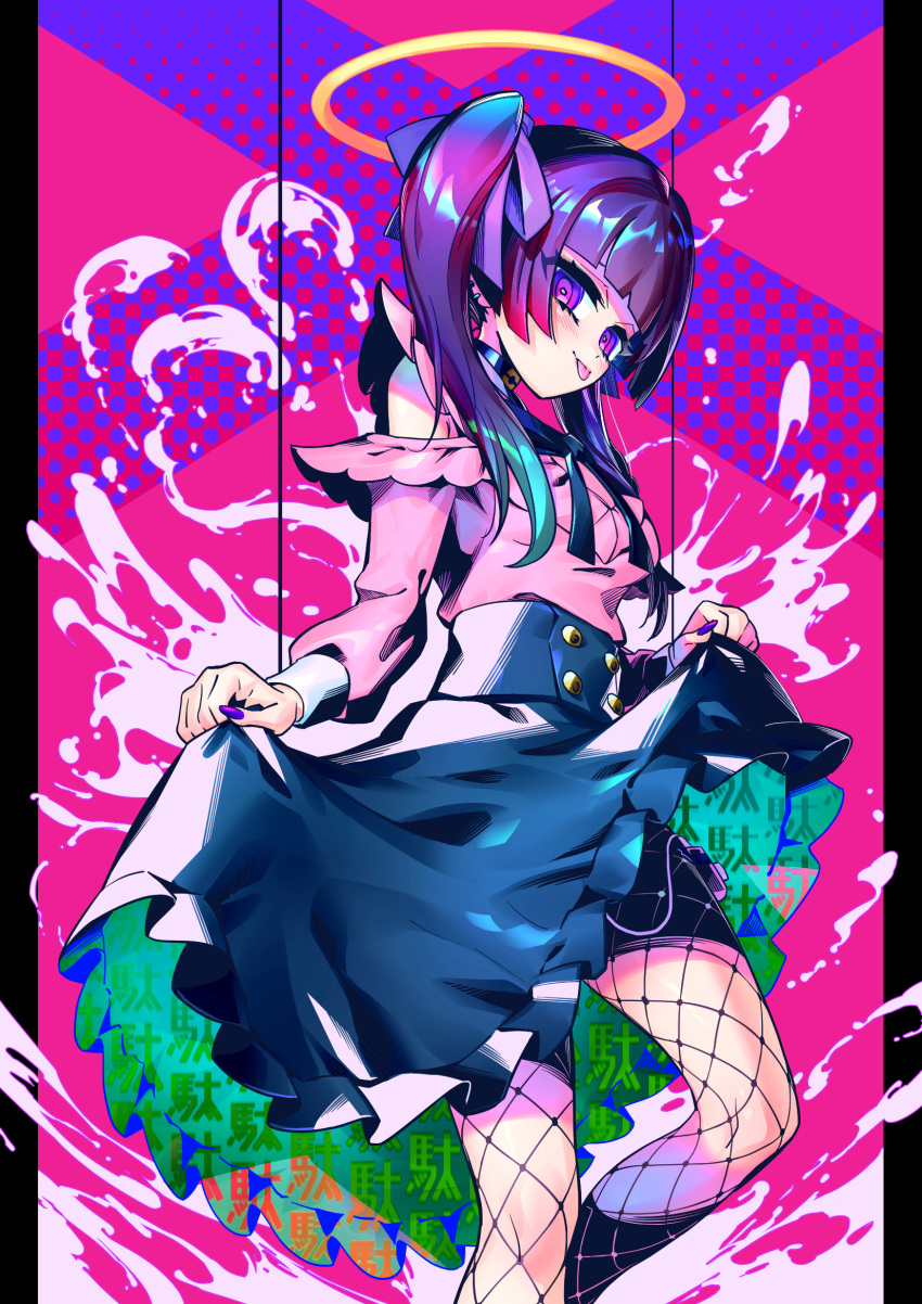 &gt;:q 1girl :p aura bangs blush breasts colorful dedeen fishnets halo highres looking_at_viewer multicolored multicolored_background multicolored_hair original pink_clothes purple_hair skirt skirt_lift smile tongue tongue_out twintails violet_eyes