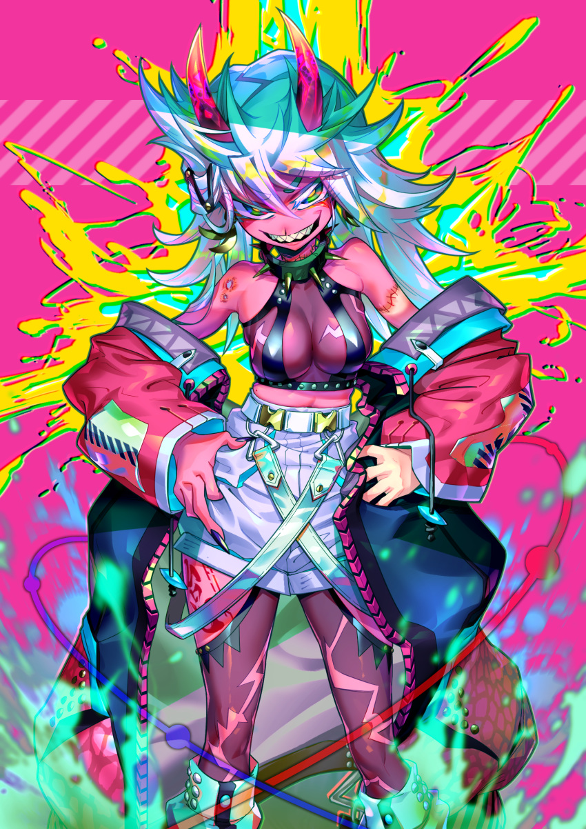 1girl :d aura bangs bare_shoulders belt breasts collar colorful dedeen fingernails green_eyes highres looking_at_viewer middle_finger multicolored multicolored_background multicolored_hair oni open_mouth original red_skin sharp_teeth shorts smile spiked_collar spikes spiky_hair teeth