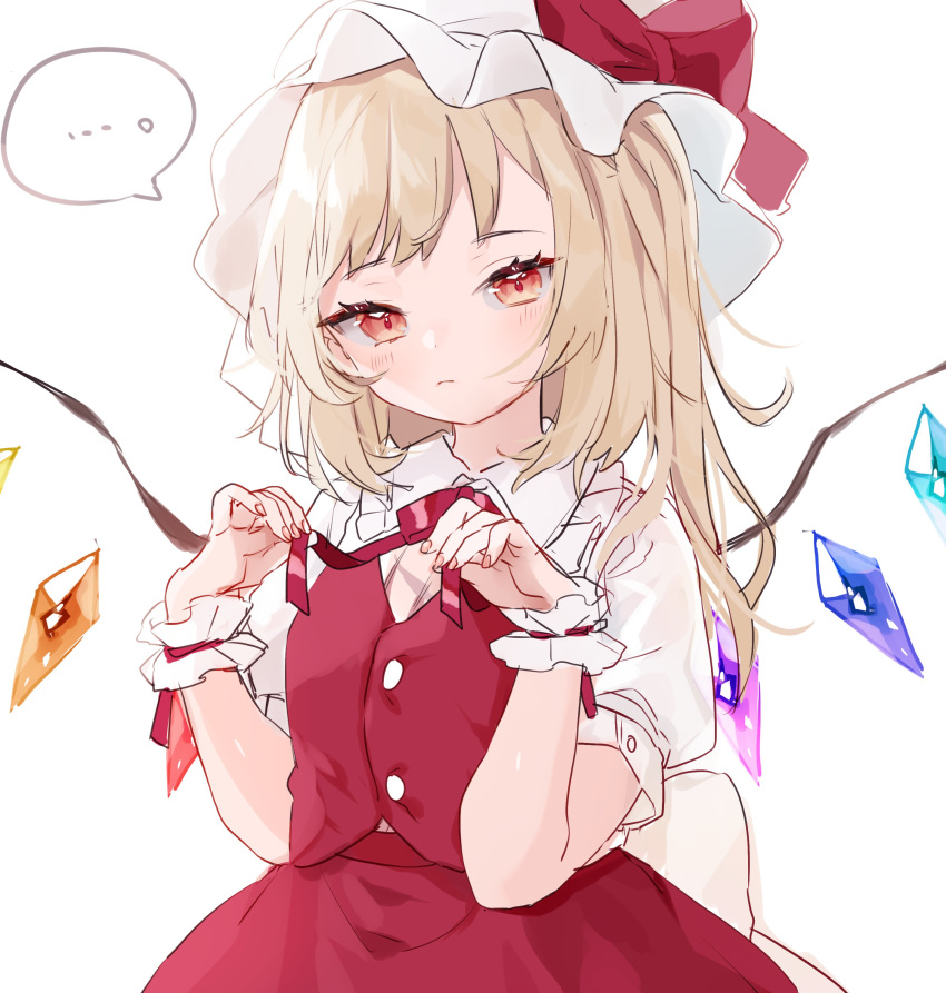 ... 1girl absurdres bangs blonde_hair bow breasts buttons closed_mouth commentary_request cowboy_shot crystal expressionless fingernails flandre_scarlet frilled_cuffs hat hat_bow highres holding holding_ribbon looking_at_viewer medium_hair mob_cap mokyuko one_side_up puffy_short_sleeves puffy_sleeves red_bow red_eyes red_neckwear red_ribbon red_skirt red_vest ribbon shirt short_sleeves simple_background skirt skirt_set small_breasts solo speech_bubble spoken_ellipsis touhou vest white_background white_shirt wings