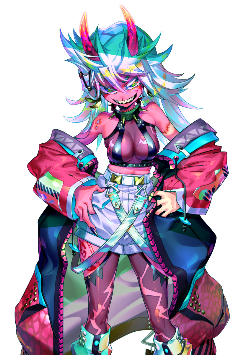 1girl :d bangs bare_shoulders belt breasts collar colorful dedeen fingernails green_eyes highres looking_at_viewer middle_finger multicolored_hair oni open_mouth original red_skin sharp_teeth shorts smile spiked_collar spikes spiky_hair teeth