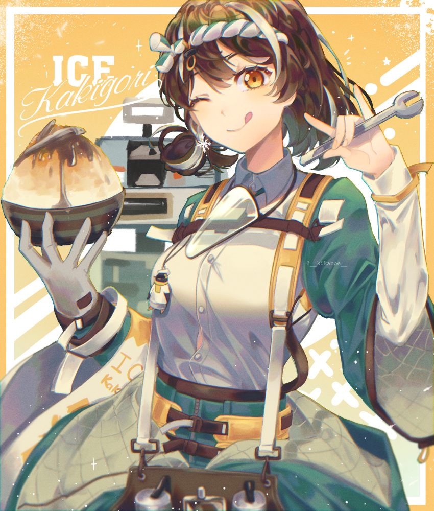 1girl ;) ;q absurdres arknights bangs bowl brown_eyes brown_hair commentary_request gloves hachimaki hands_up headband highres holding holding_bowl kikan_(kikanoe) looking_at_viewer magallan_(arknights) magallan_(shaved-ice_memories)_(arknights) multicolored_hair nejiri_hachimaki official_alternate_costume one_eye_closed revision shirt short_hair single_glove smile solo streaked_hair tongue tongue_out upper_body white_hair white_shirt