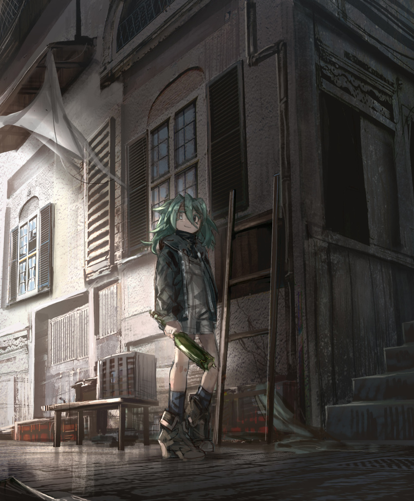 1girl ankle_boots bad_id bad_pixiv_id bench blue_legwear boots bottle broken_bottle building coat colored_eyelashes dark green_eyes green_hair grey_eyes hair_between_eyes heterochromia highres holding holding_bottle kneehighs ladder light long_hair looking_at_viewer open_clothes open_coat original outdoors scenery shichigatsu smile solo sou_(shichigatsu) standing sunlight window