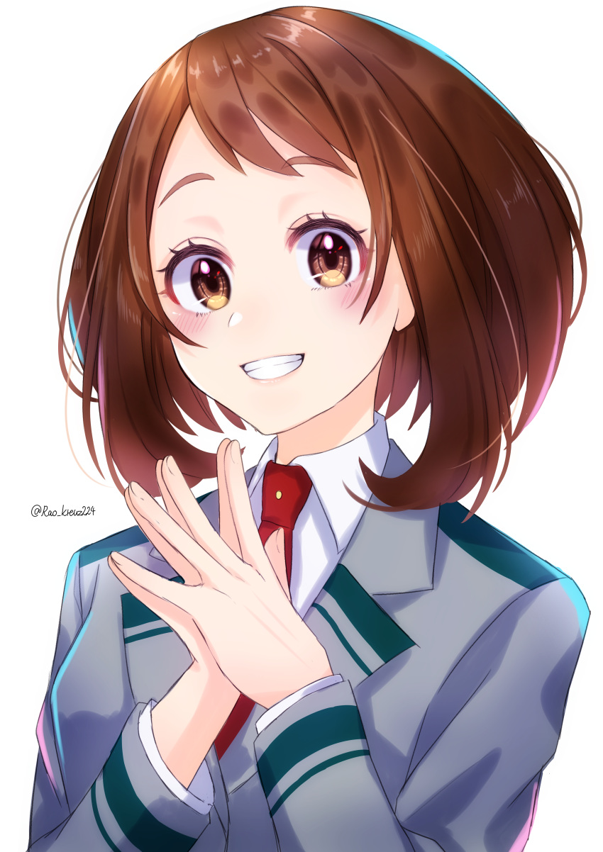 1girl absurdres artist_name blush boku_no_hero_academia breasts brown_eyes brown_hair collared_shirt commentary_request face grey_jacket grin hands_up highres jacket long_sleeves looking_at_viewer necktie open_mouth own_hands_together raone_(rk_yogurt0416) red_neckwear school_uniform shirt short_hair simple_background smile solo teeth u.a._school_uniform uraraka_ochako white_background white_shirt wing_collar