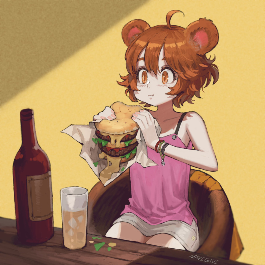 1girl :t ahoge alcohol animal_ears artist_name bangs bare_arms bare_shoulders bear_ears blush bracelet brown_eyes brown_hair cheese commentary_request commission copyright_request eating food glass grey_skirt hamburger highres holding holding_food jewelry jun_(seojh1029) miniskirt pink_tank_top short_hair sitting skeb_commission skirt solo sparkling_eyes tail tank_top