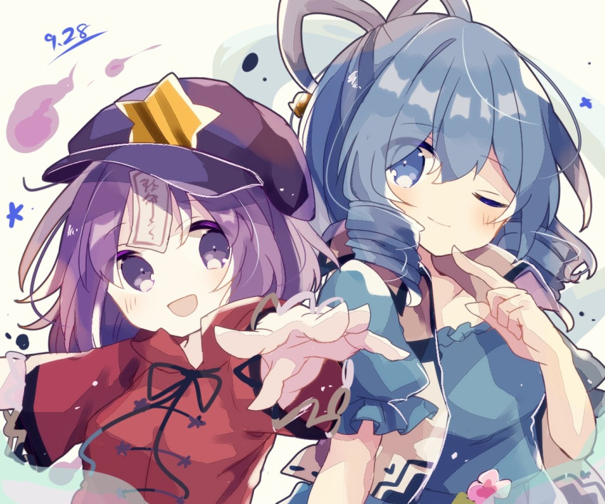 2girls bangs black_neckwear black_ribbon blue_dress blue_hair breasts cabbie_hat dated dress drill_locks eyebrows_visible_through_hair eyes_visible_through_hair flower hagoromo hair_ornament hair_rings hair_stick hat jiangshi kaku_seiga lace-trimmed_sleeves lace_trim medium_breasts medium_hair mina_(sio0616) miyako_yoshika multiple_girls ofuda one_eye_closed open_mouth outstretched_arms popped_collar puffy_short_sleeves puffy_sleeves purple_hair purple_headwear red_shirt ribbon shawl shirt short_hair short_sleeves smile star_(symbol) touhou upper_body vest violet_eyes white_vest wide_sleeves zombie_pose