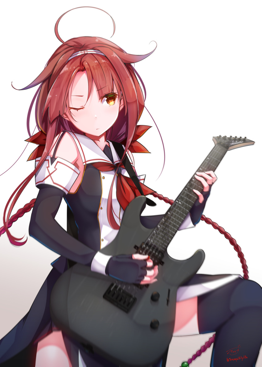 1girl absurdres ahoge artist_name baileys_(tranquillity650) bare_shoulders black_gloves black_legwear black_serafuku black_skirt braid detached_sleeves electric_guitar fingerless_gloves gloves gradient gradient_background guitar hair_flaps hairband highres instrument kantai_collection kawakaze_(kantai_collection) long_hair music playing_instrument pleated_skirt redhead remodel_(kantai_collection) school_uniform serafuku signature skirt solo thigh-highs twin_braids twitter_username white_background white_hairband yellow_eyes