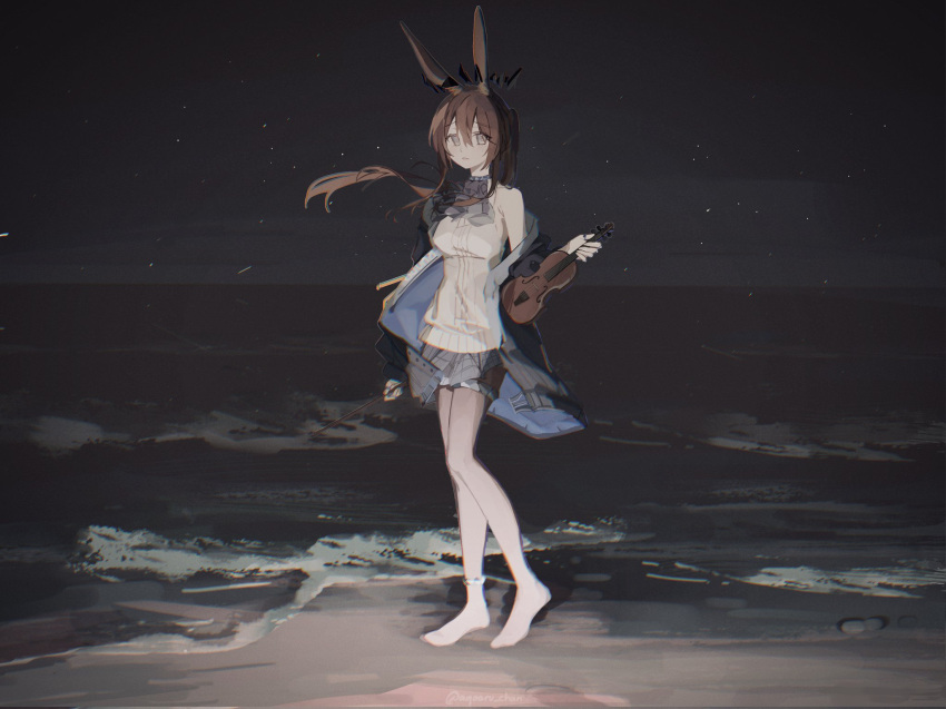 1girl agaaru_chan amiya_(arknights) animal_ears arknights barefoot black_jacket breasts brown_hair commentary english_commentary floating_hair full_body grey_eyes grey_skirt hair_between_eyes highres holding holding_instrument horizon instrument jacket long_hair night night_sky ocean off_shoulder open_clothes open_jacket outdoors pleated_skirt ponytail rabbit_ears shirt skirt sky sleeveless sleeveless_shirt small_breasts solo standing very_long_hair violin water white_shirt