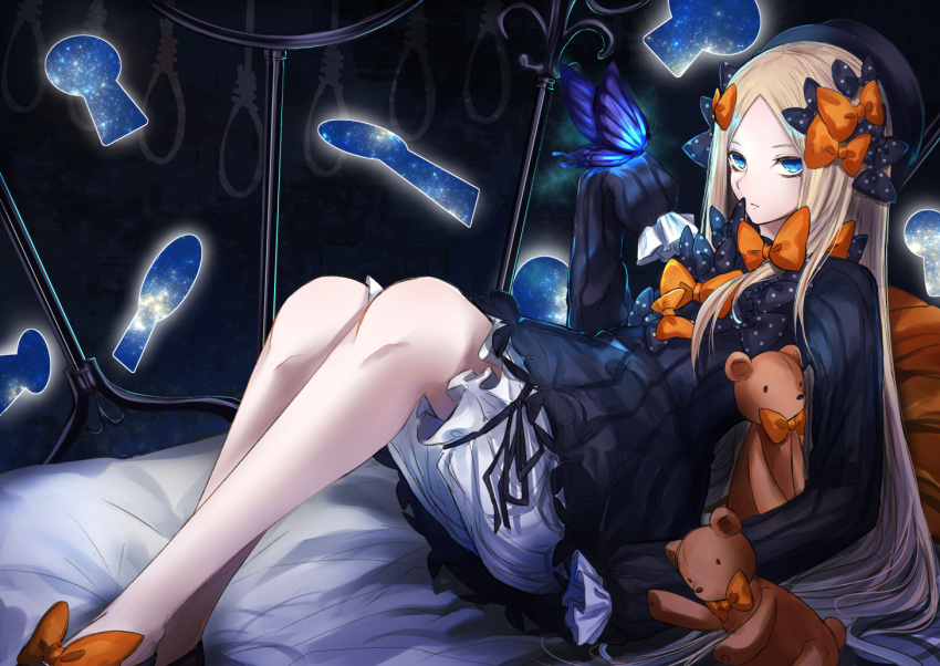 1girl abigail_williams_(fate/grand_order) bed black_dress black_headwear blonde_hair bloomers blue_butterfly blue_eyes bow commentary_request dress expressionless fate/grand_order fate_(series) forehead ichinose_rom keyhole long_hair long_sleeves looking_at_viewer orange_bow platinum_blonde_hair polka_dot polka_dot_bow rope sleeves_past_wrists solo space stuffed_animal stuffed_toy teddy_bear underwear