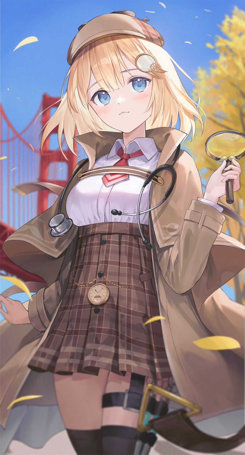 1girl absurdres black_thighhighs blonde_hair blue_eyes blush breasts brown_skirt collared_shirt detective hair_ornament hat high-waist_skirt highres holding holding_magnifying_glass hololive hololive_english holomyth large_breasts loafers magnifying_glass monocle_hair_ornament nakashima_(pluscolor) neckerchief plaid plaid_skirt pocket_watch red_neckerchief shirt shoes short_hair skirt syringe_holster thigh-highs thigh_strap watch watson_amelia white_shirt