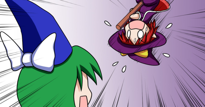 0_0 blue_headwear broom broom_riding cape chibi dress emphasis_lines flying_sweatdrops gradient gradient_background green_hair hat kirisame_marisa kirisame_marisa_(pc-98) mima motion_lines open_mouth pointy_ears purple_background purple_cape purple_dress purple_headwear rakugaki-biyori redhead short_hair touhou touhou_(pc-98) upper_body upside-down white_background witch_hat wizard_hat